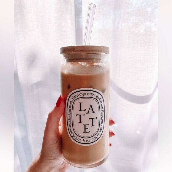 NEW 20 oz Beer Glass with Lid/Straw - Latte, Coffee, or Matcha Label - Picture 1 of 5